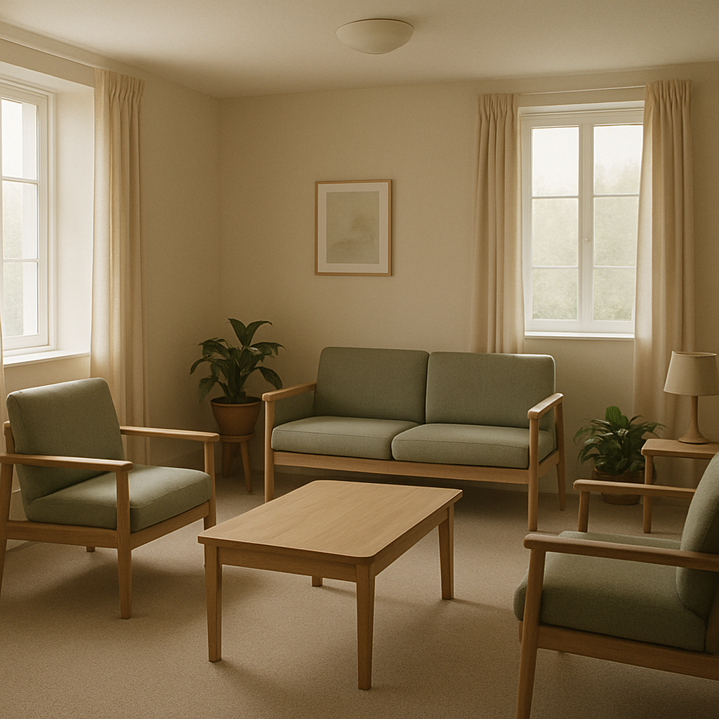 A calm, welcoming residential care common room
